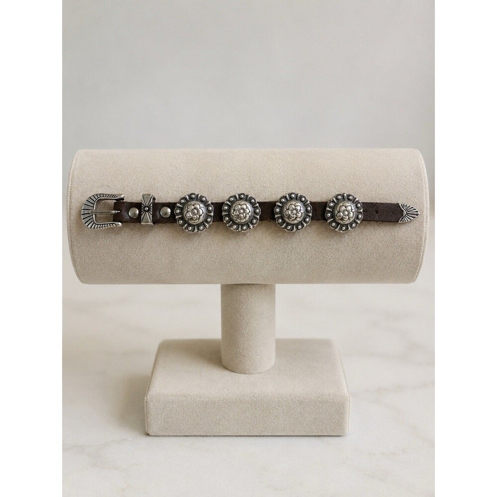 Vintage Brown Leather Western Bracelet Silver Tone Conchos Floral Stamped Buckle - Picture 2 of 6